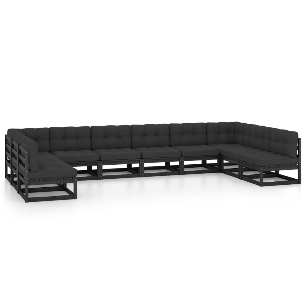 Set Divani da Giardino 10 pz con Cuscini Massello di Pino Nero