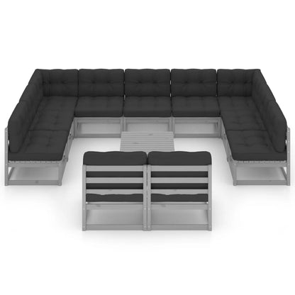 Set Divani da Giardino 12pz con Cuscini Grigio Massello di Pino
