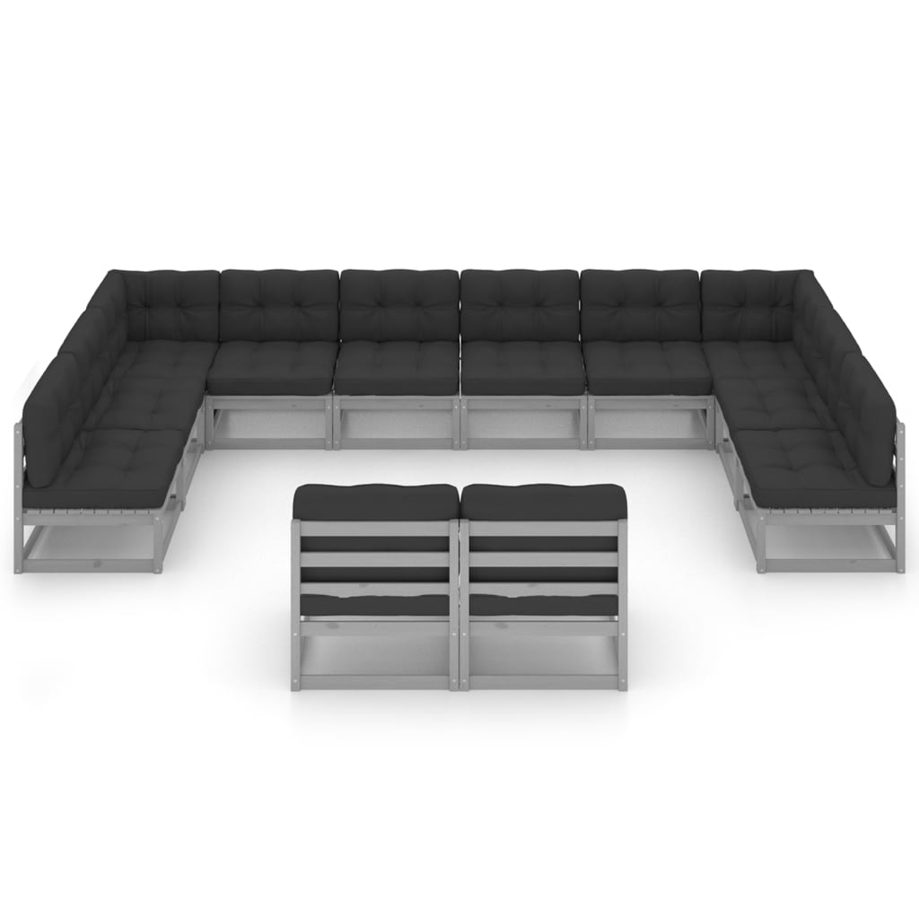 Set Divani da Giardino 12pz con Cuscini Grigio Massello di Pino