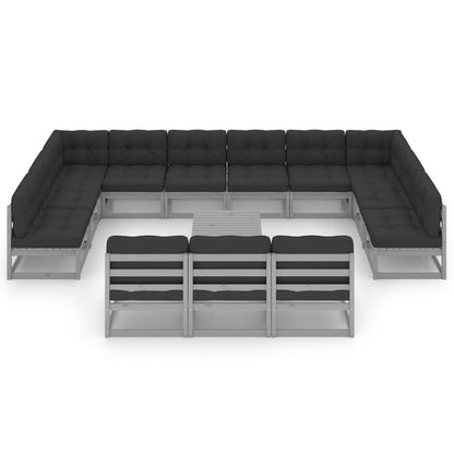 Set Divani da Giardino 14pz con Cuscini Grigio Massello di Pino