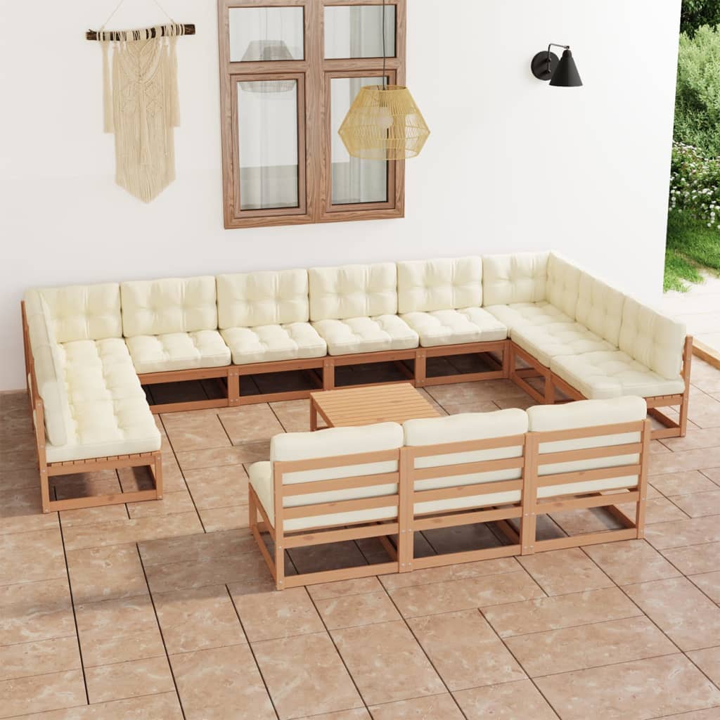Set Salotto Giardino e Cuscini 14 pz Legno Massello Pino Ambra