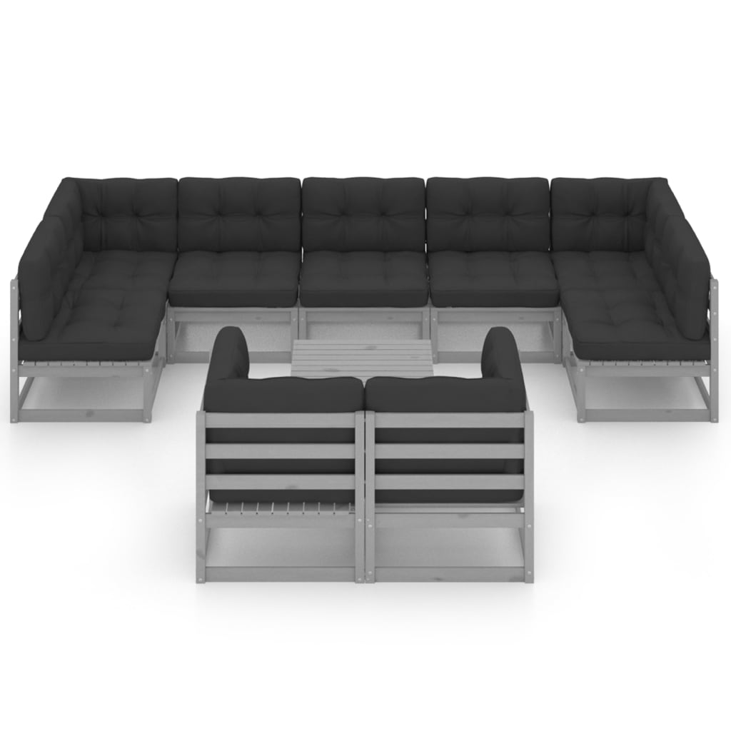Set Divani da Giardino 10pz con Cuscini Grigio Massello di Pino