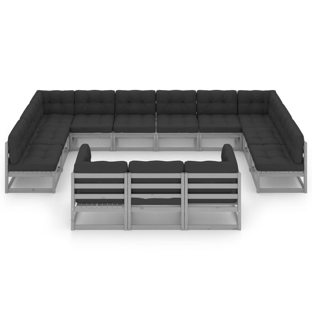 Set Divani da Giardino 13 pz Grigio Cuscini Massello di Pino