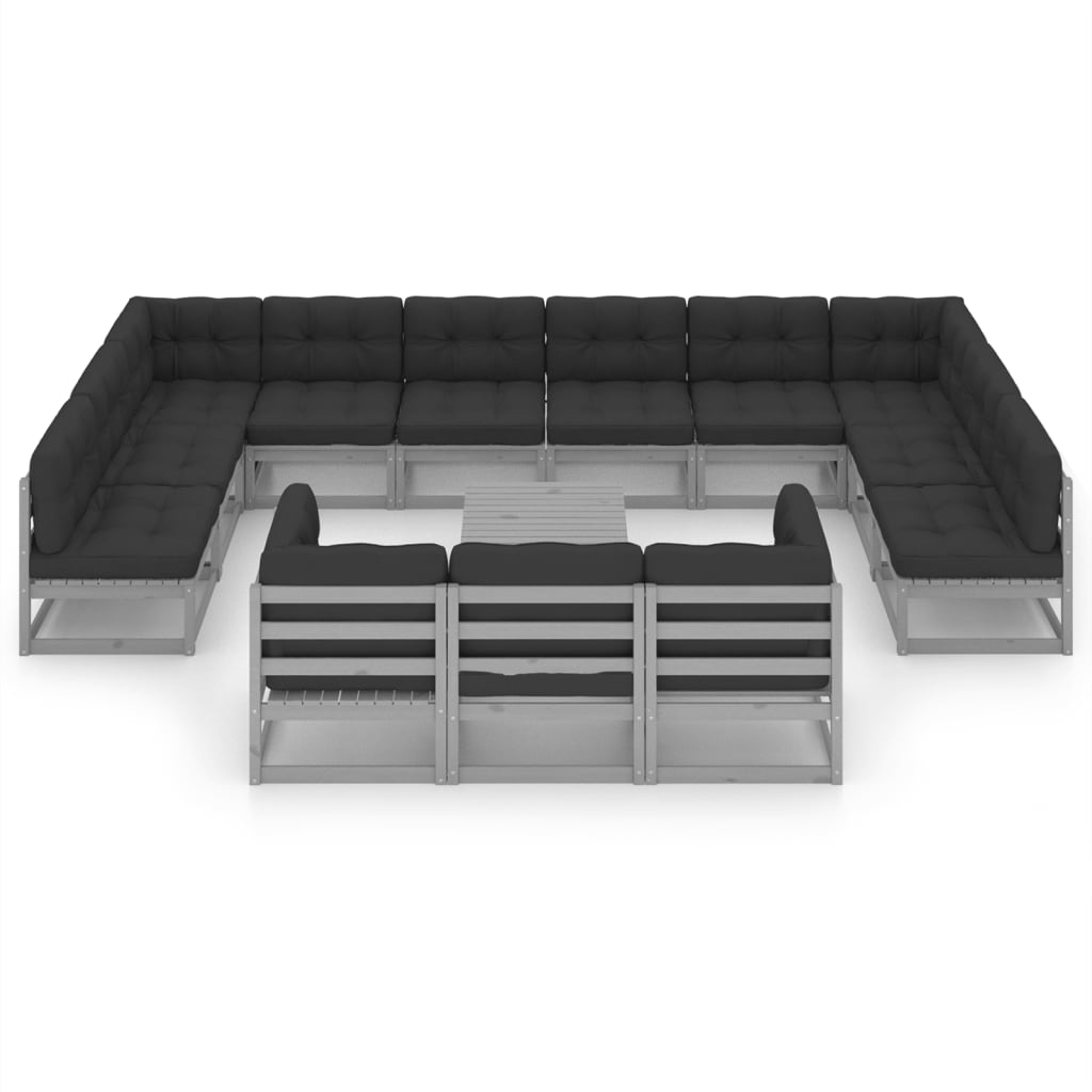 Set Divani da Giardino 14pz con Cuscini Grigio Massello di Pino
