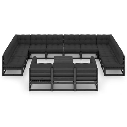 Set Divani da Giardino 14 pz con Cuscini Massello di Pino Nero