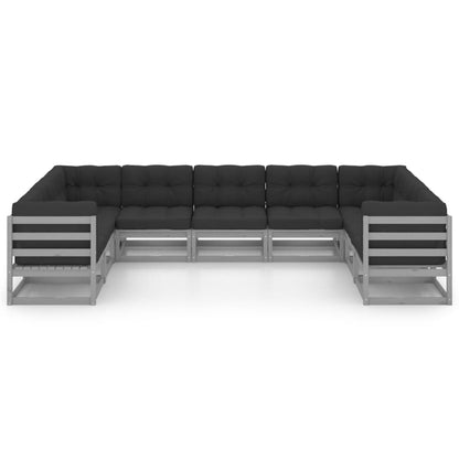 Set Divani da Giardino 9 pz Grigio Cuscini Massello di Pino