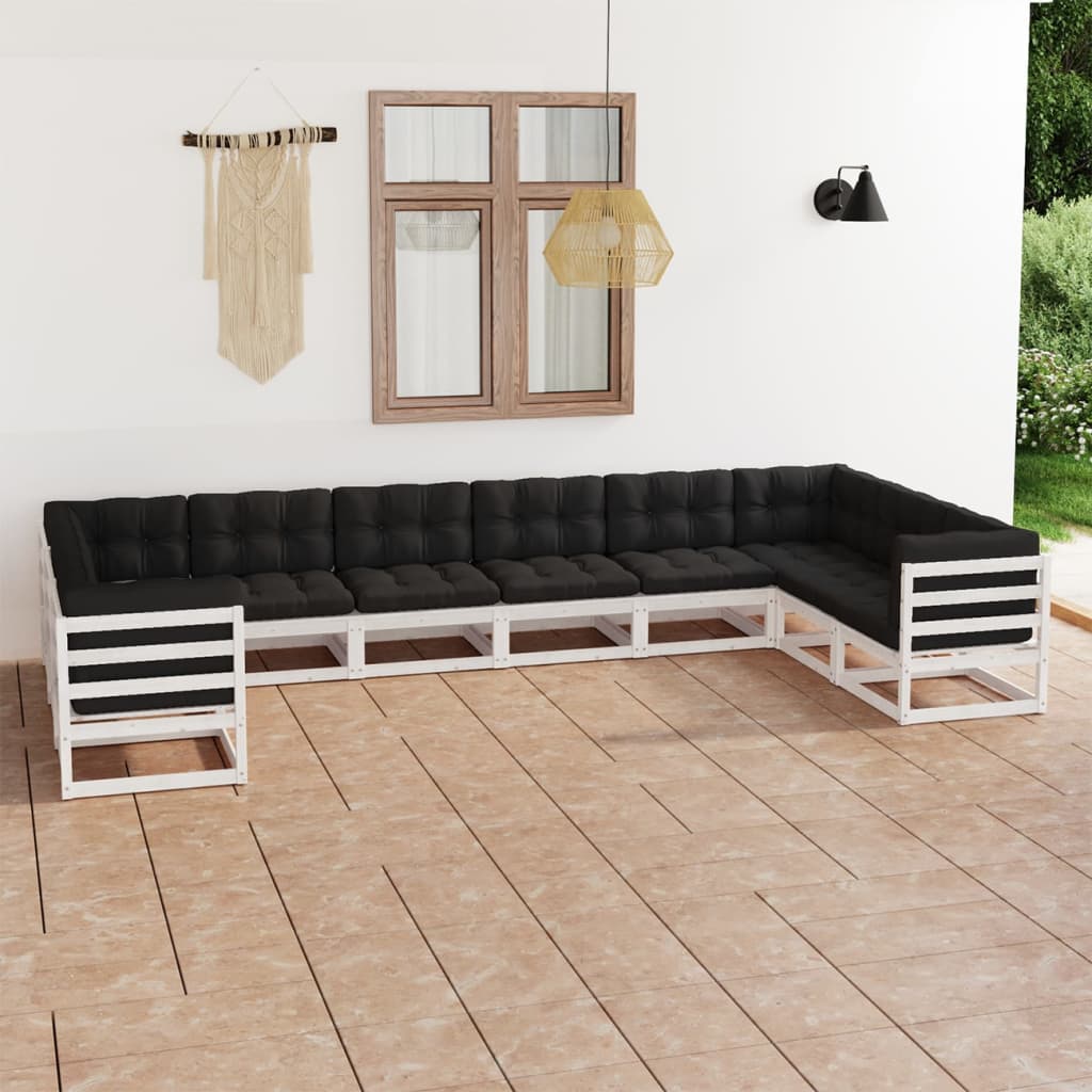 Set Divani da Giardino 10 pz Cuscini Bianchi Massello di Pino