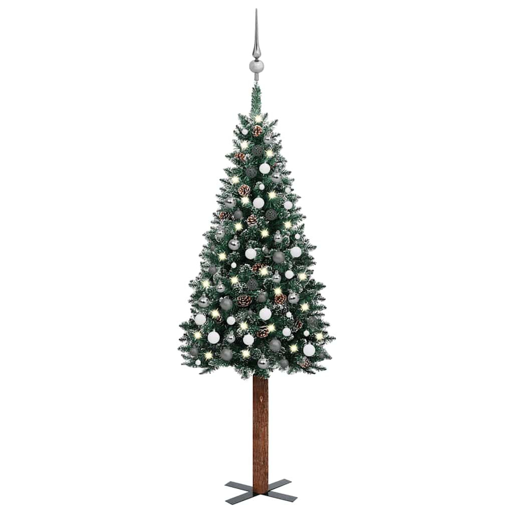 Albero di Natale Sottile Preilluminato con Palline Verde 210 cm