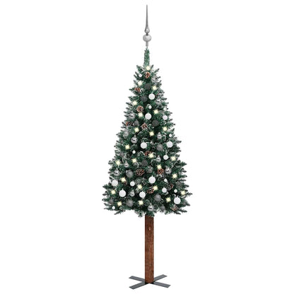 Albero di Natale Sottile Preilluminato con Palline Verde 210 cm
