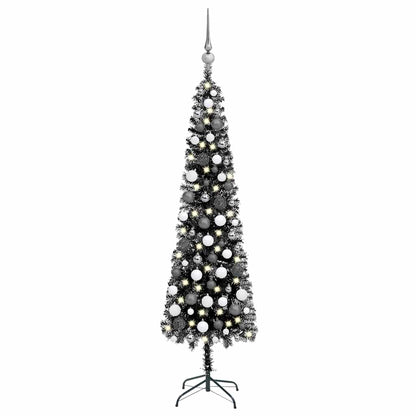 Albero di Natale Sottile Preiluminato con Palline Nero 180 cm