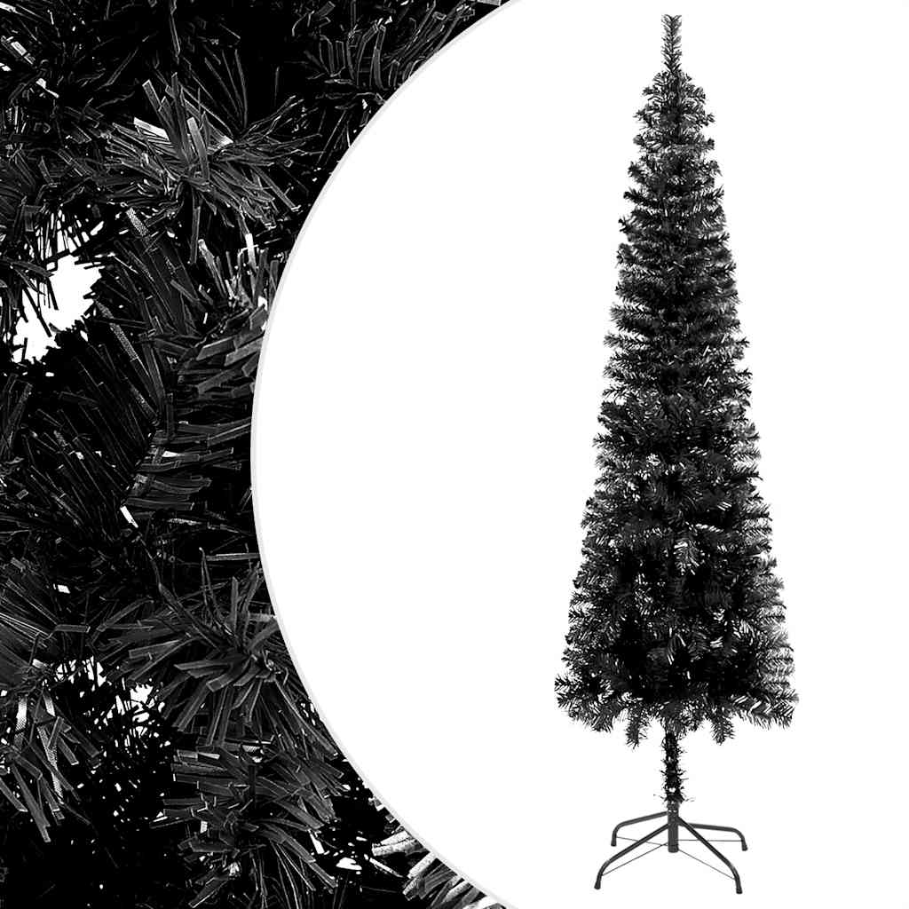 Albero di Natale Sottile Preiluminato con Palline Nero 180 cm
