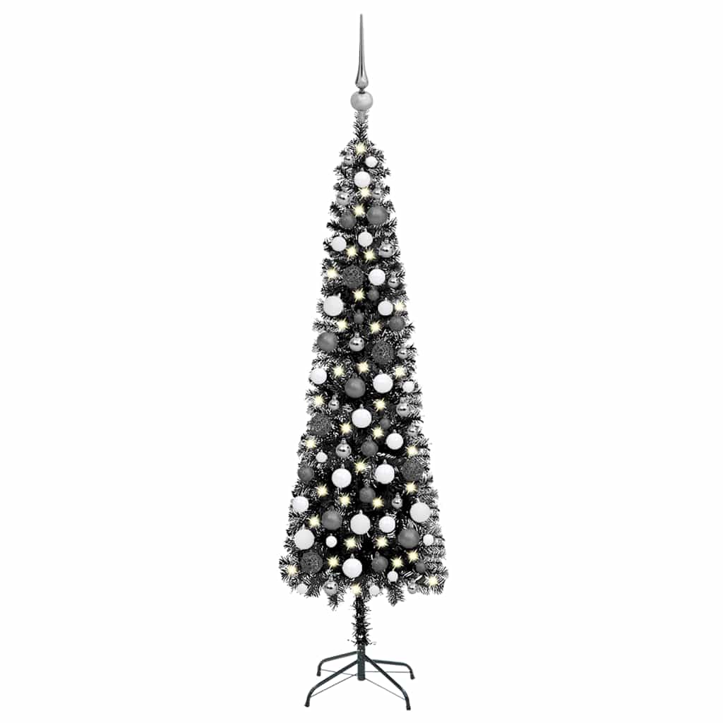 Albero di Natale Sottile Preiluminato con Palline Nero 210 cm