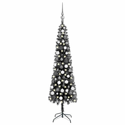 Albero di Natale Sottile Preiluminato con Palline Nero 210 cm