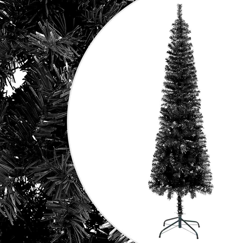 Albero di Natale Sottile Preiluminato con Palline Nero 210 cm