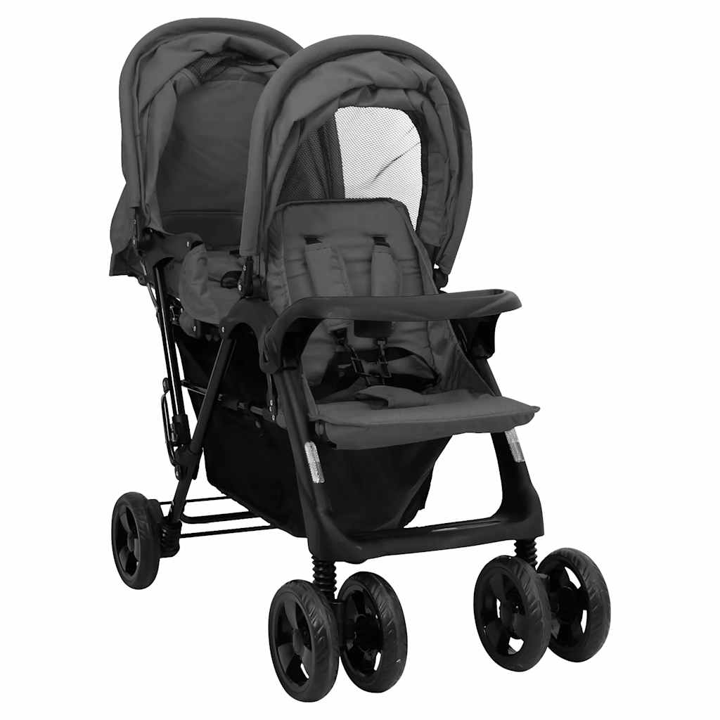 Passeggino Gemellare a Tandem Grigio Scuro in Acciaio