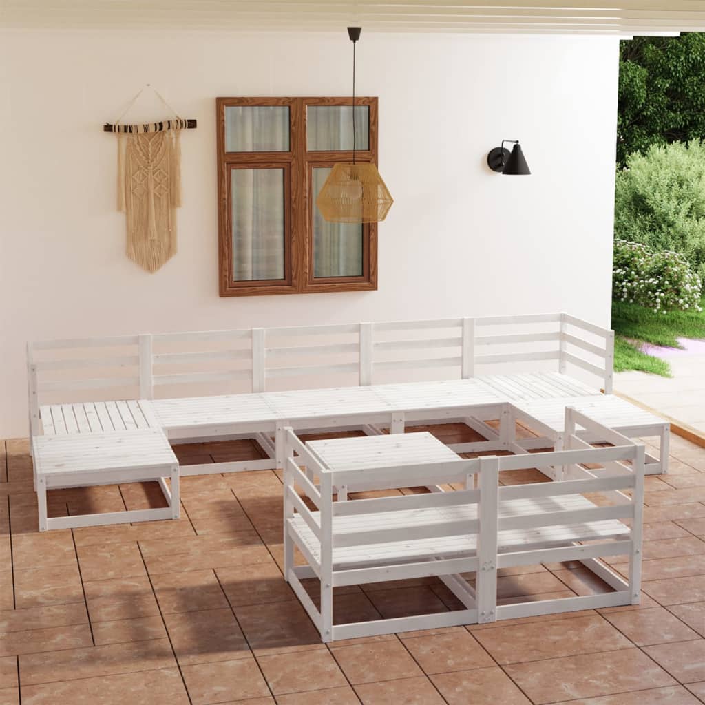 Set Divani da Giardino 10 pz Bianchi in Legno Massello di Pino