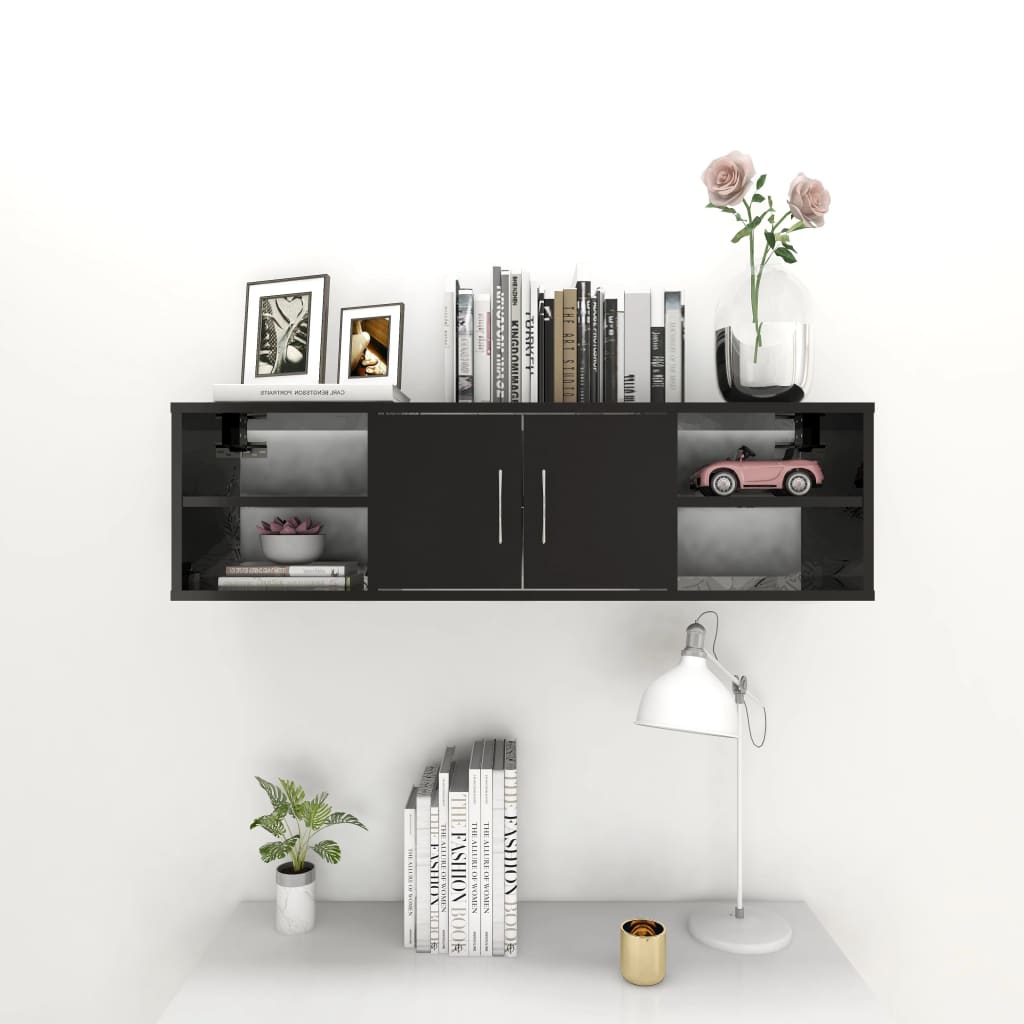 Scaffale a Parete Nero Lucido 102x30x29 cm in Legno Multistrato