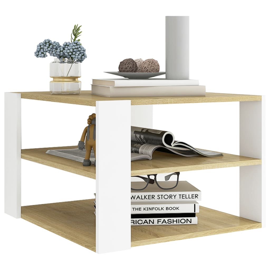 Tavolino Rovere Sonoma e Bianco 60x60x40 cm Legno Multistrato