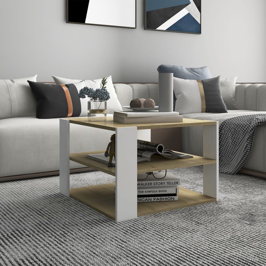 Tavolino Rovere Sonoma e Bianco 60x60x40 cm Legno Multistrato