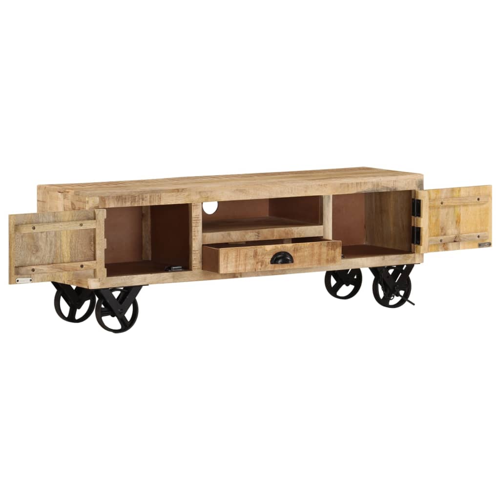 Mobile Porta TV con Ruote 110x30x37 cm in Legno di Mango Grezzo