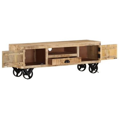 Mobile Porta TV con Ruote 110x30x37 cm in Legno di Mango Grezzo
