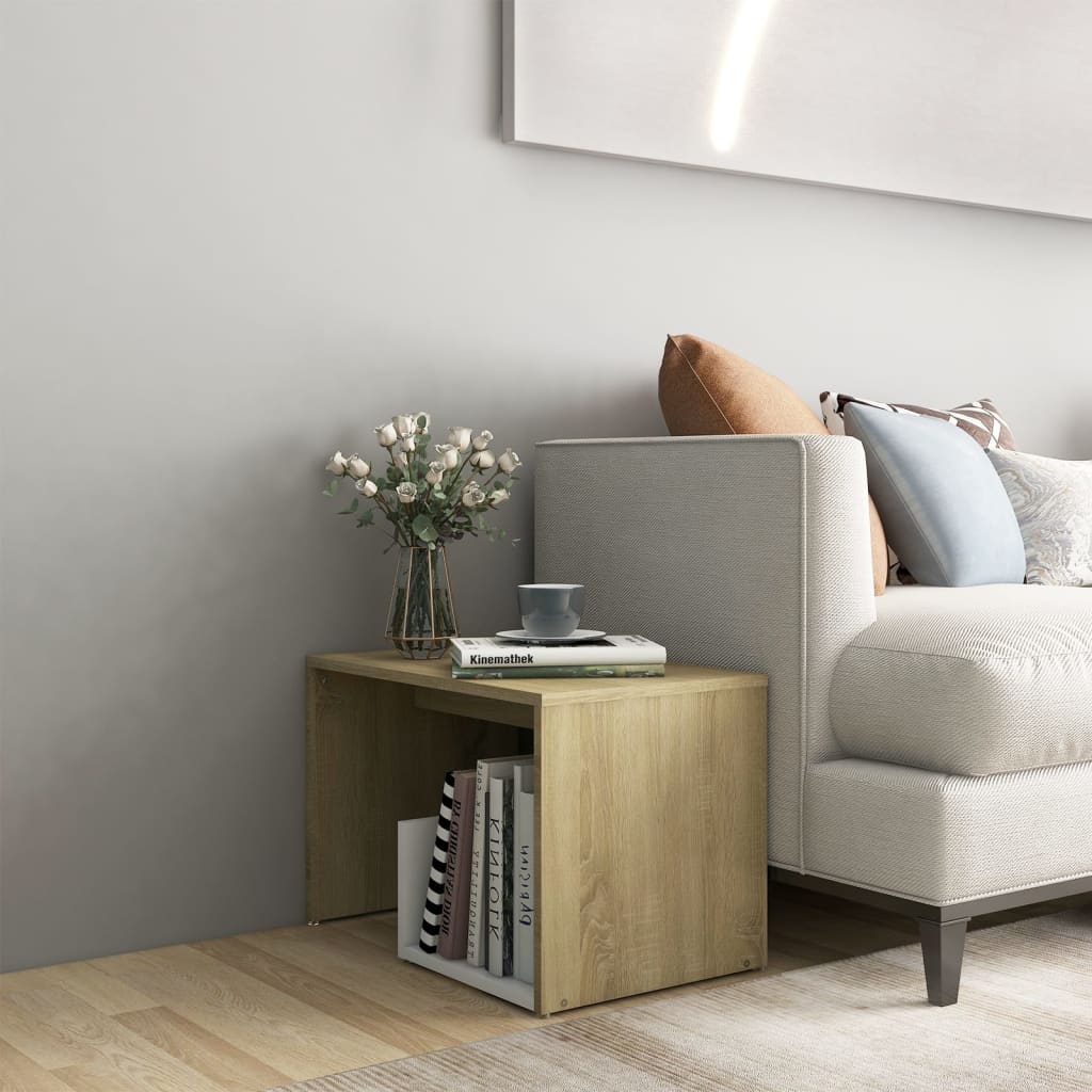 Tavolino Bianco e Rovere Sonoma 59x36x38 cm Legno Multistrato