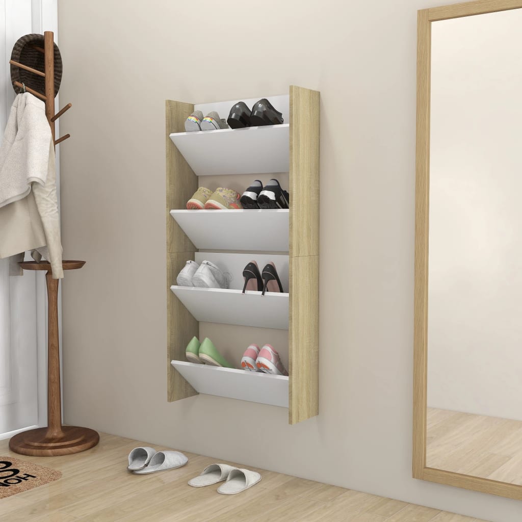 Scarpiere Muro 2pz Bianco e Sonoma 60x18x60cm Legno Multistrato