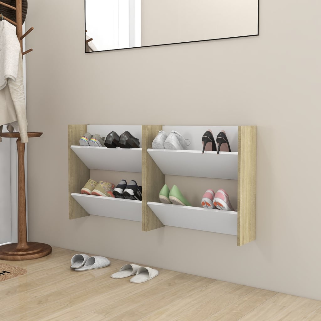 Scarpiere Muro 2pz Bianco e Sonoma 60x18x60cm Legno Multistrato