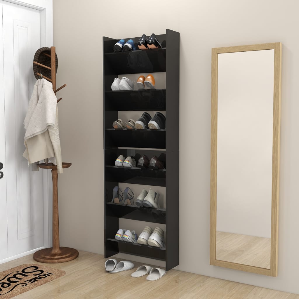 Scarpiere a Muro 2pz Nero Lucido 60x18x90cm Legno Multistrato