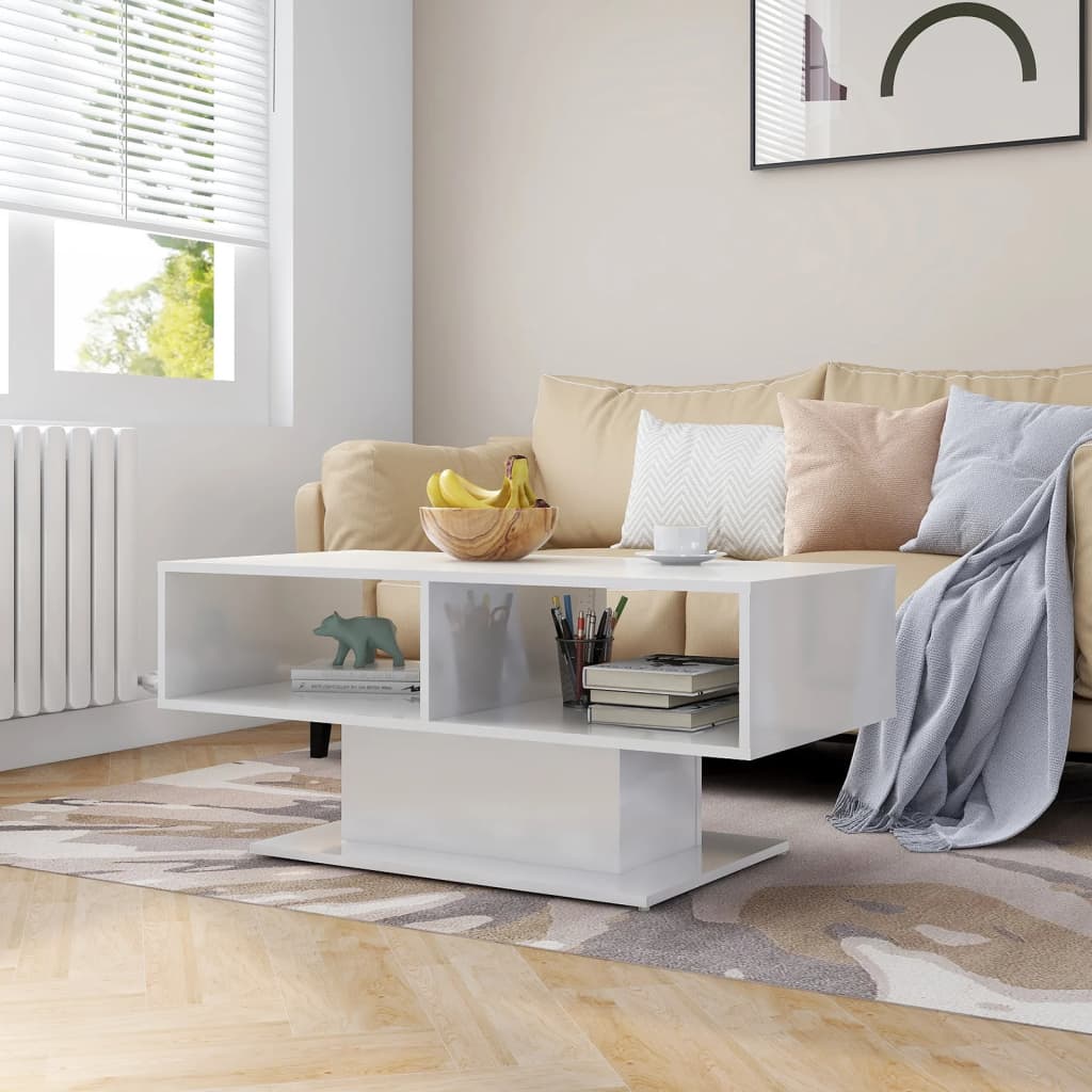 Tavolino Salotto Bianco Lucido 103,5x50x44,5 Legno Multistrato