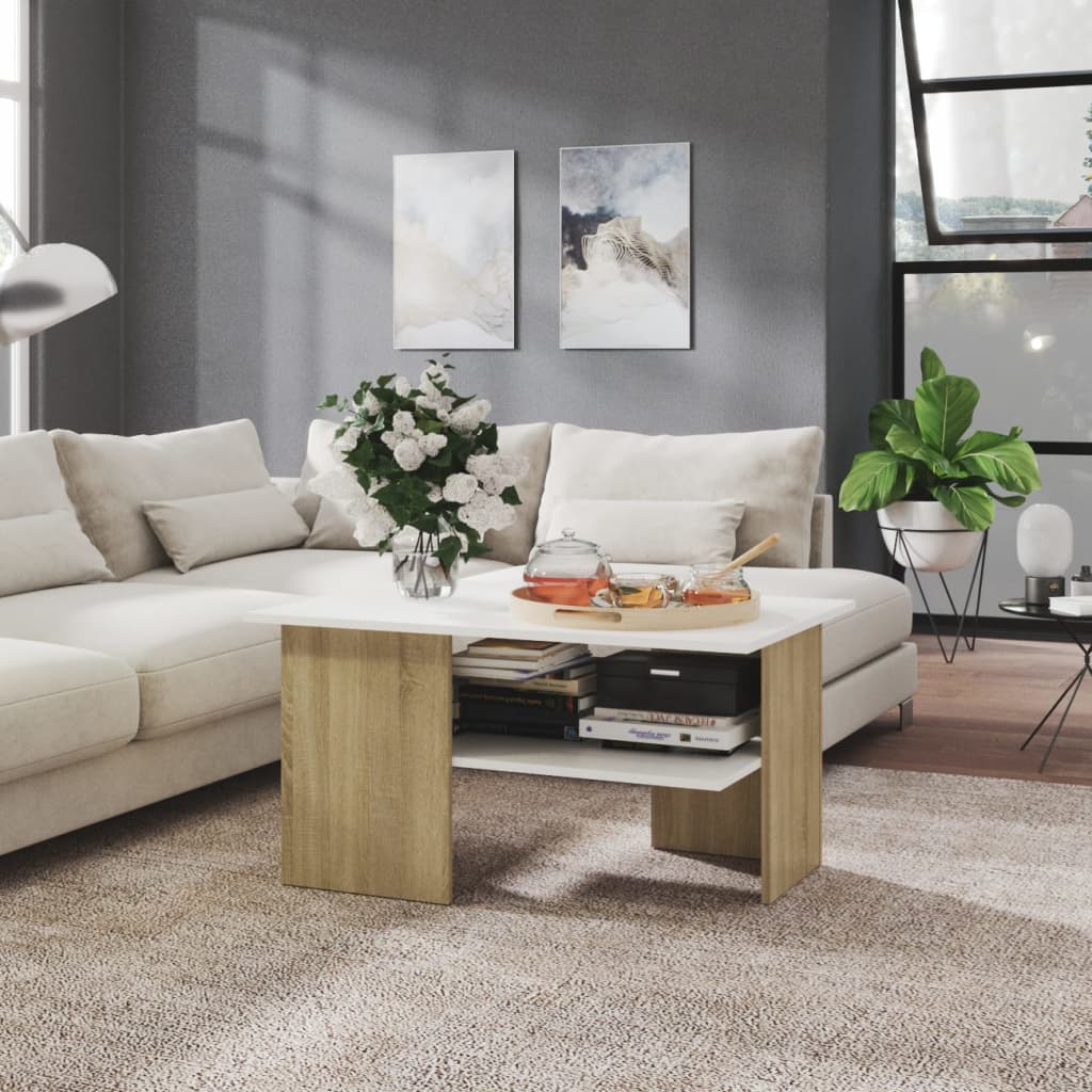 Tavolino Bianco e Rovere Sonoma 90x60x46,5 cm Legno Multistrato