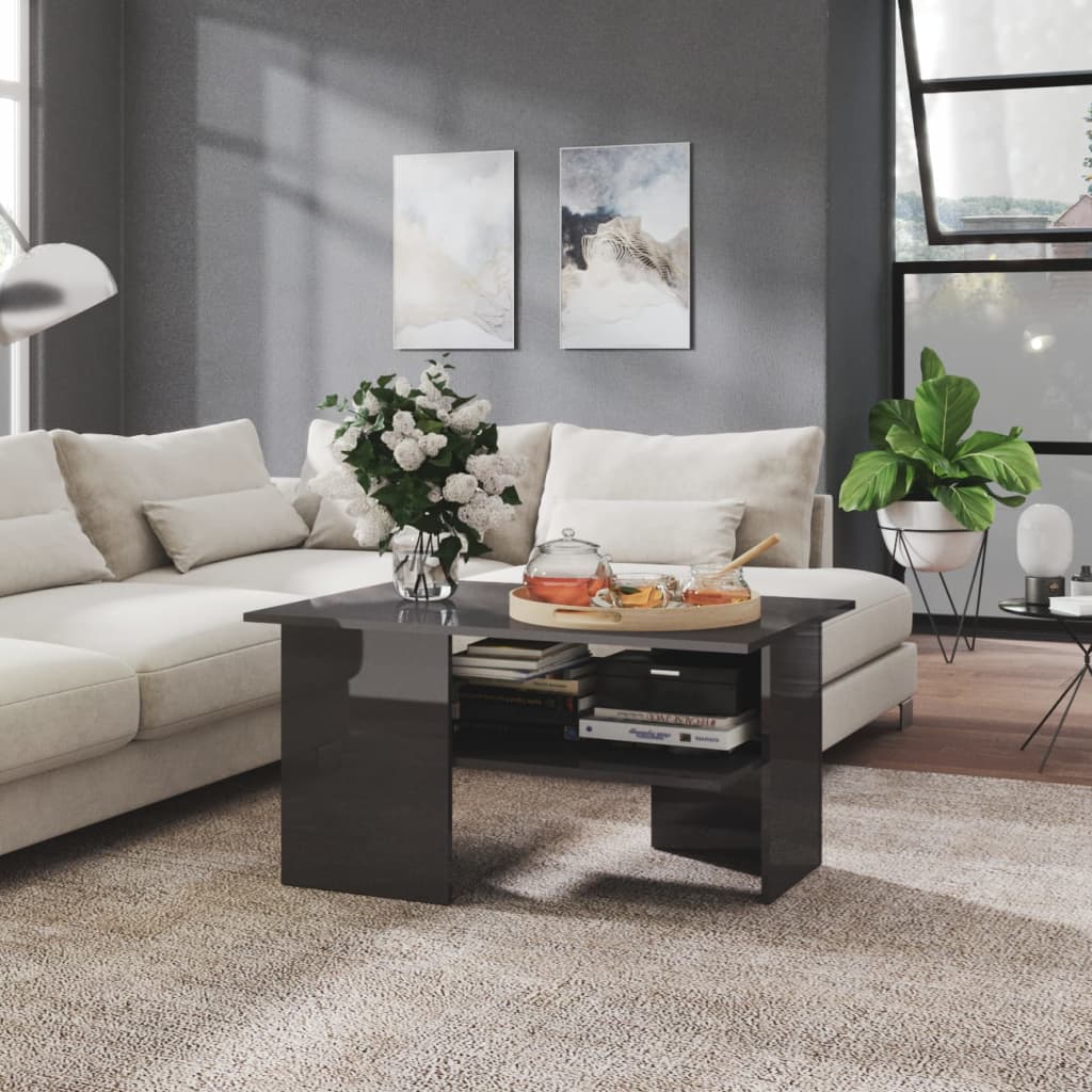 Tavolino Salotto Grigio Lucido 90x60x46,5 cm Legno Multistrato
