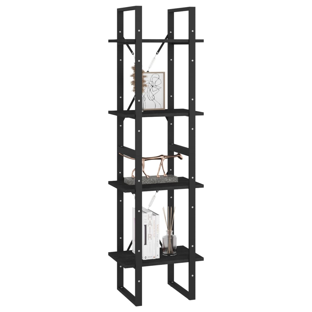 Libreria a 4 Ripiani Nera 40x30x140 cm in Massello di Pino