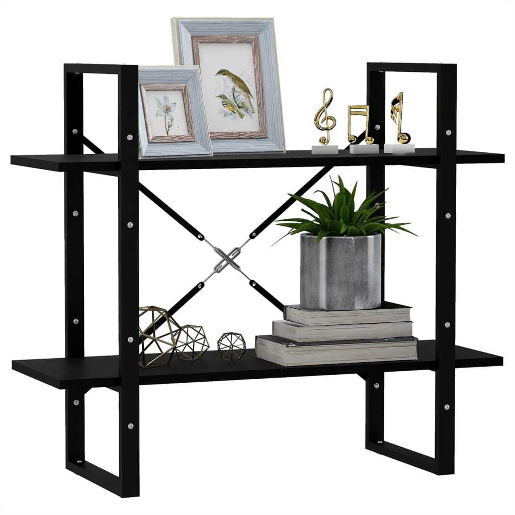 Libreria a 2 Ripiani Nera 80x30x70 cm in Massello di Pino
