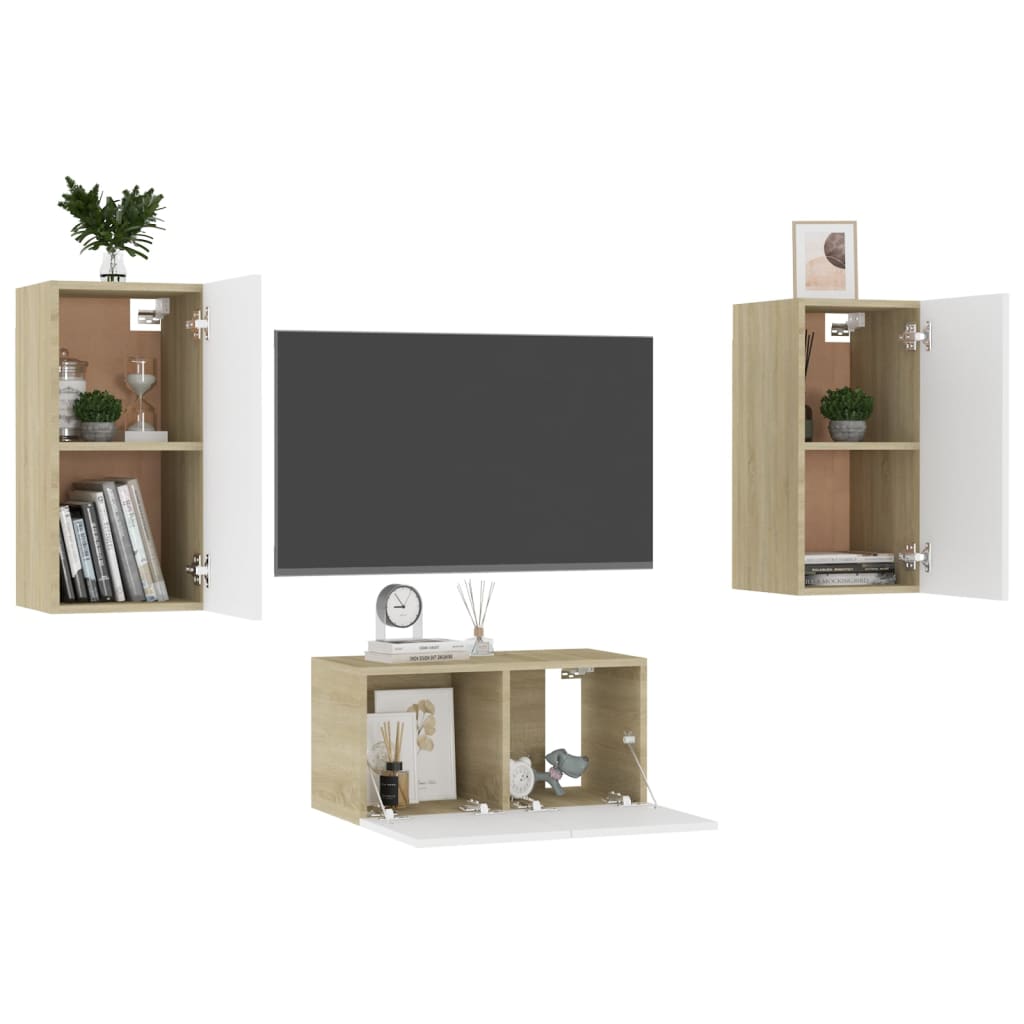 Set Mobili TV 3 pz Bianco e Rovere Sonoma in Legno Multistrato