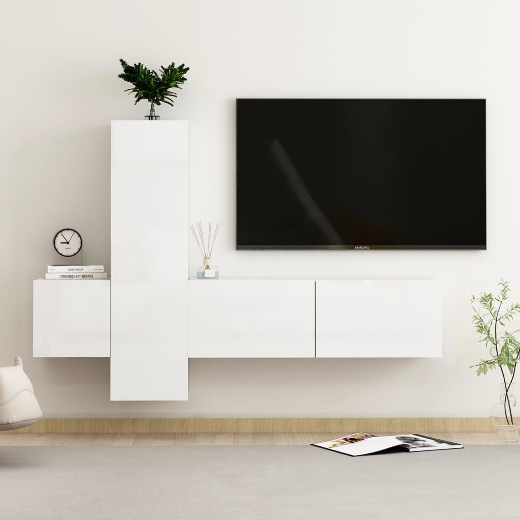 Set di Mobili Porta TV 3 pz Bianco Lucido in Legno Multistrato