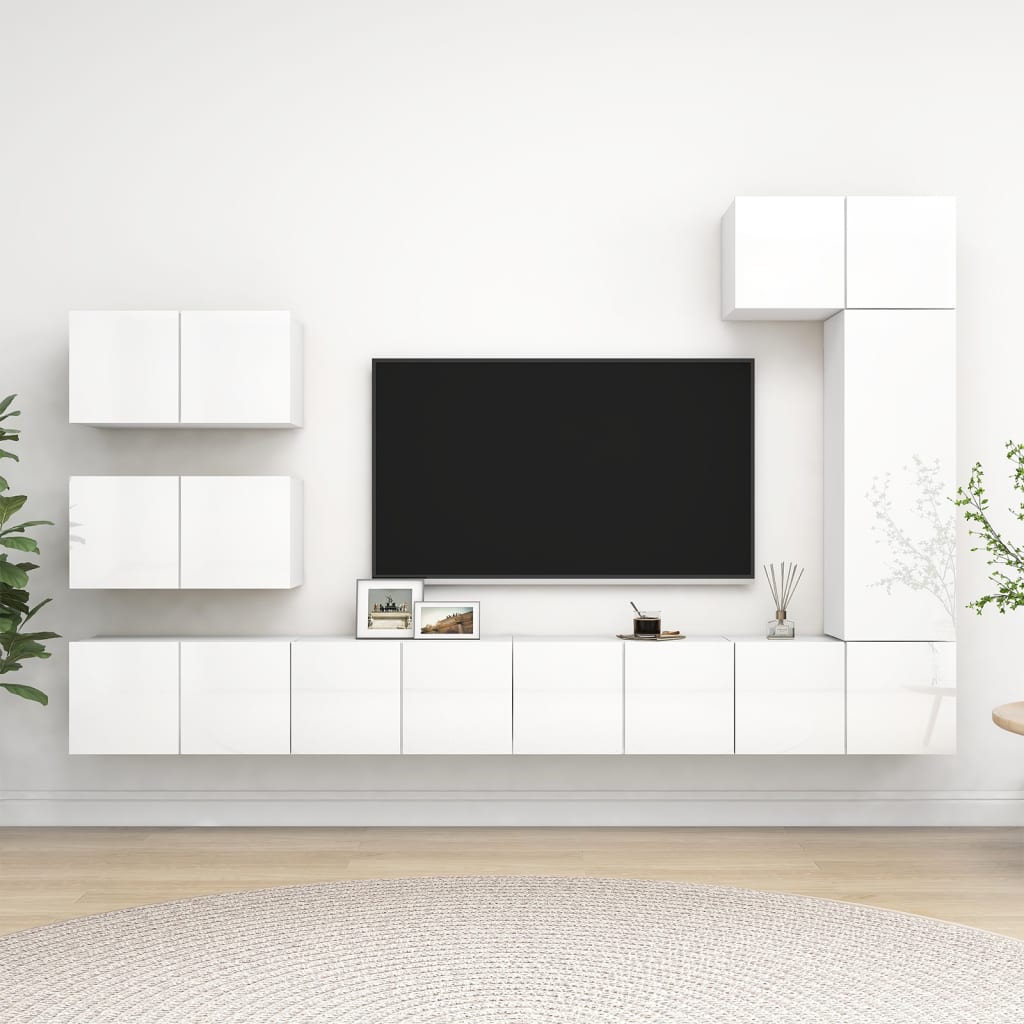 Set di Mobili Porta TV 8 pz Bianco Lucido in Legno Multistrato