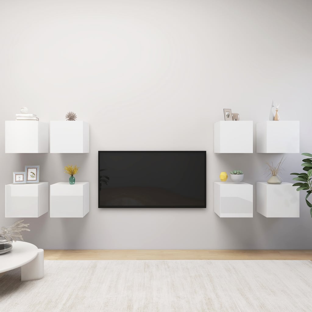Mobili Porta TV a Parete 8 pz Bianco Lucido 30,5x30x30 cm