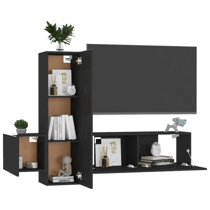 Set Mobili TV 3 pz Nero Lucido in Legno Multistrato