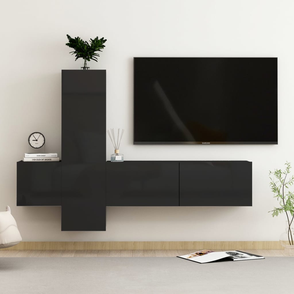 Set Mobili TV 3 pz Nero Lucido in Legno Multistrato