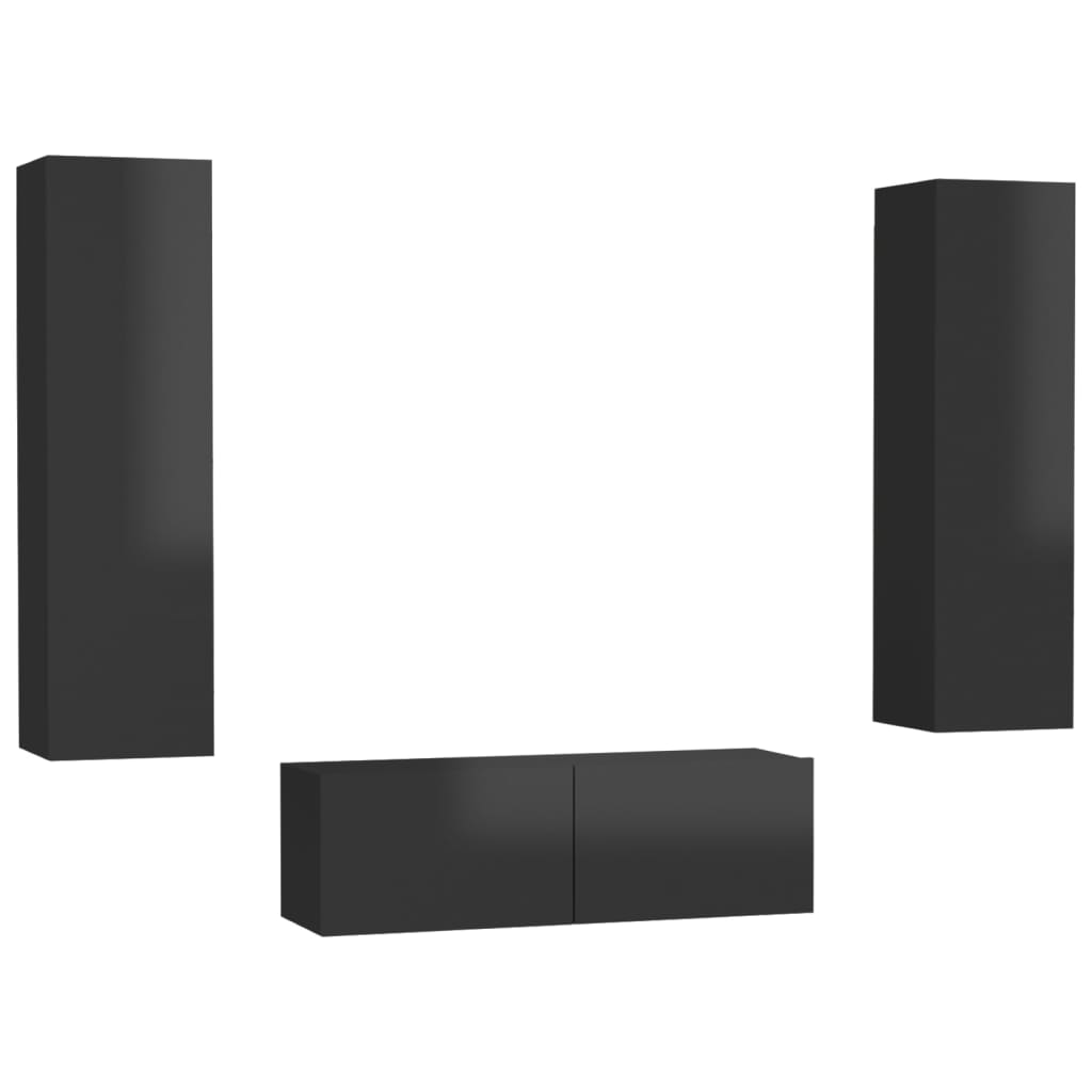 Set Mobili TV 3 pz Nero Lucido in Legno Multistrato