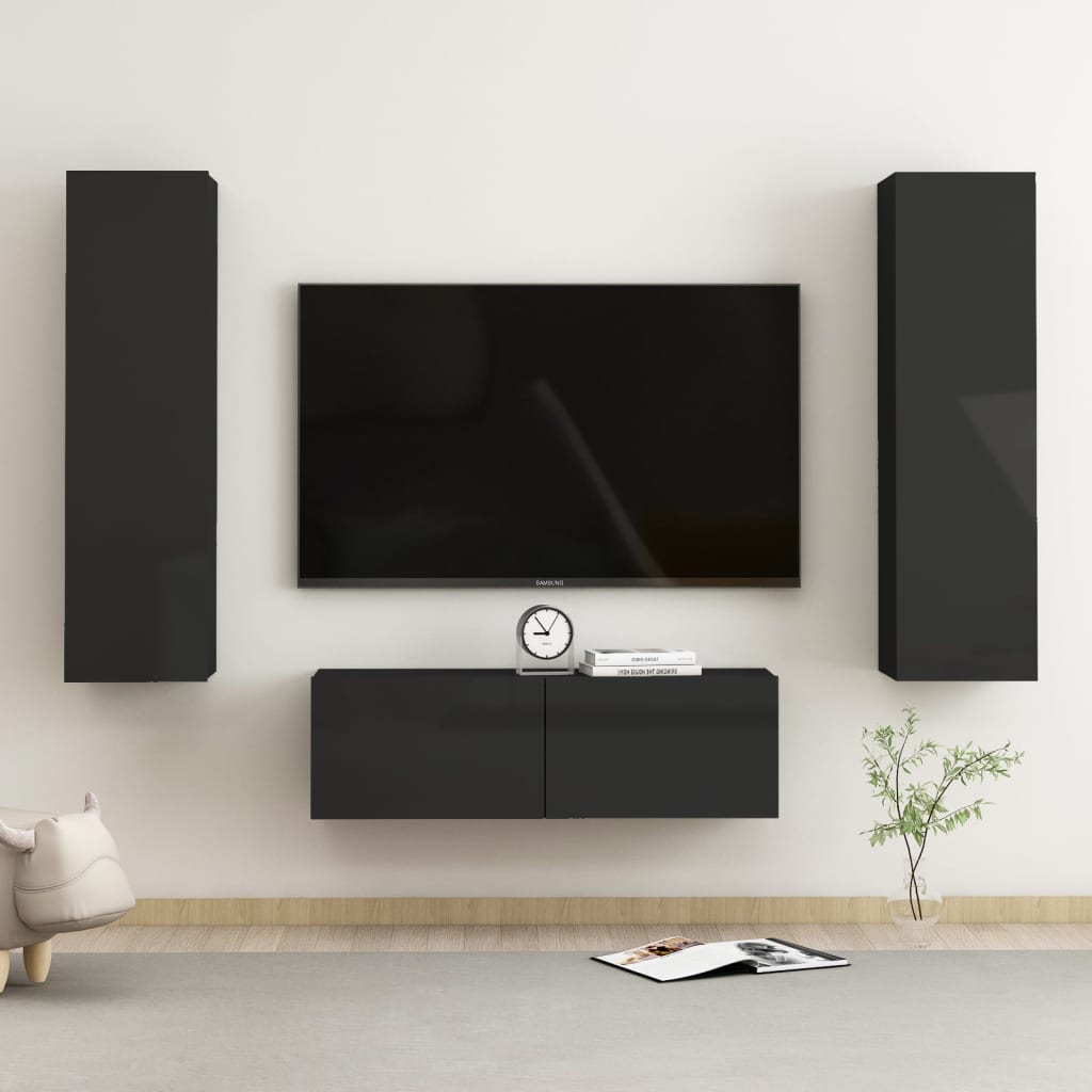 Set Mobili TV 3 pz Nero Lucido in Legno Multistrato