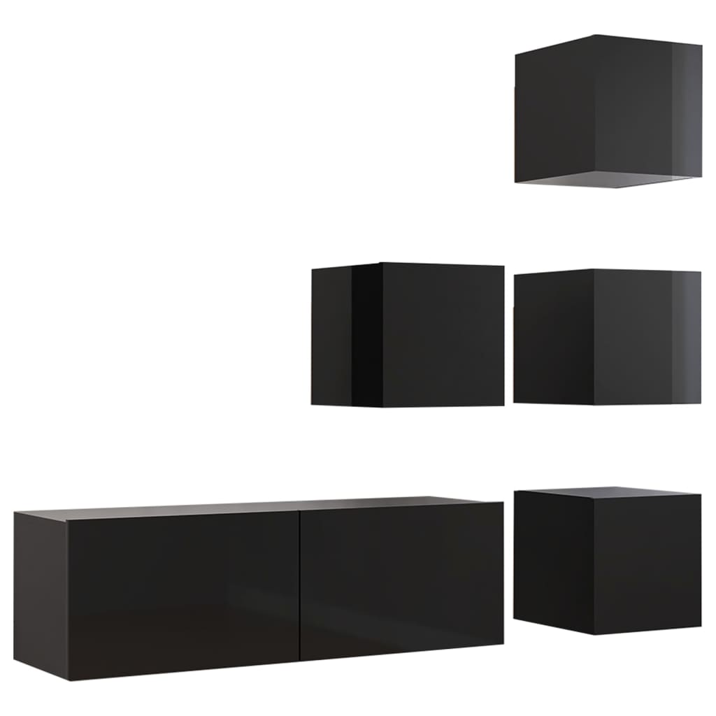 Set Mobili TV 5 pz Nero Lucido in Legno Multistrato