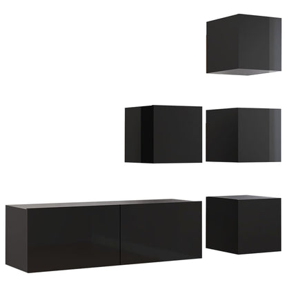 Set Mobili TV 5 pz Nero Lucido in Legno Multistrato