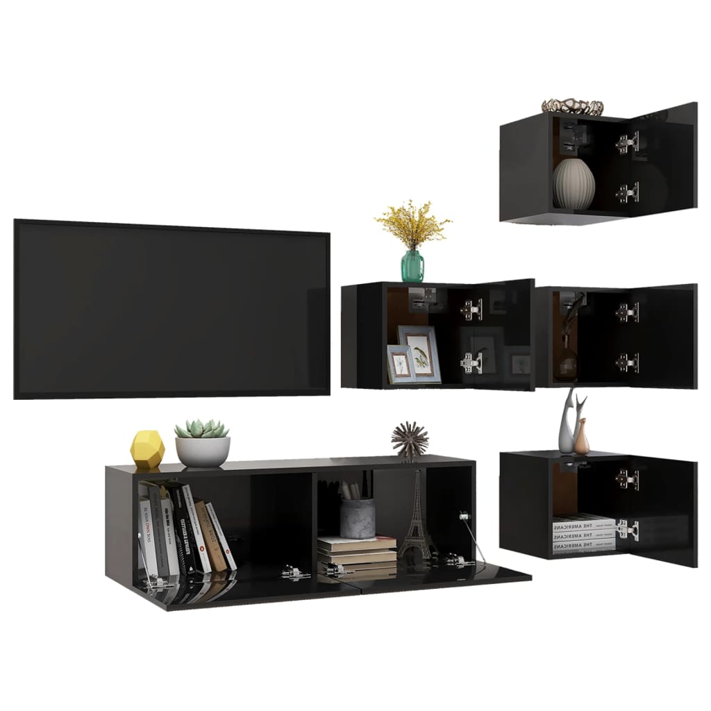 Set Mobili TV 5 pz Nero Lucido in Legno Multistrato