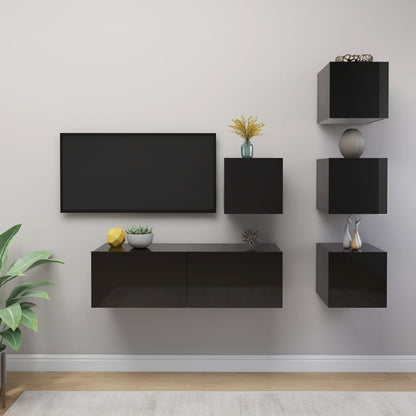 Set Mobili TV 5 pz Nero Lucido in Legno Multistrato