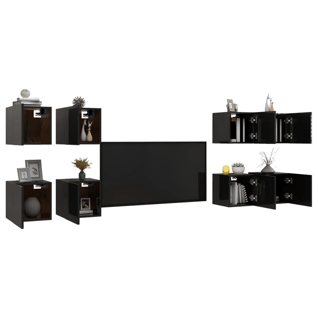 Mobili Porta TV a Parete 8 pz Nero Lucido 30,5x30x30 cm