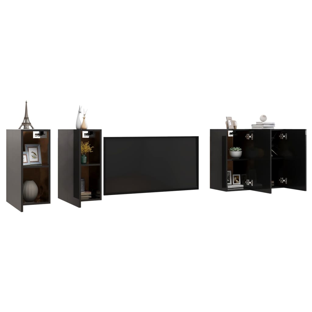 Mobili TV 4 pz Nero Lucido 30,5x30x60 cm in Legno Multistrato