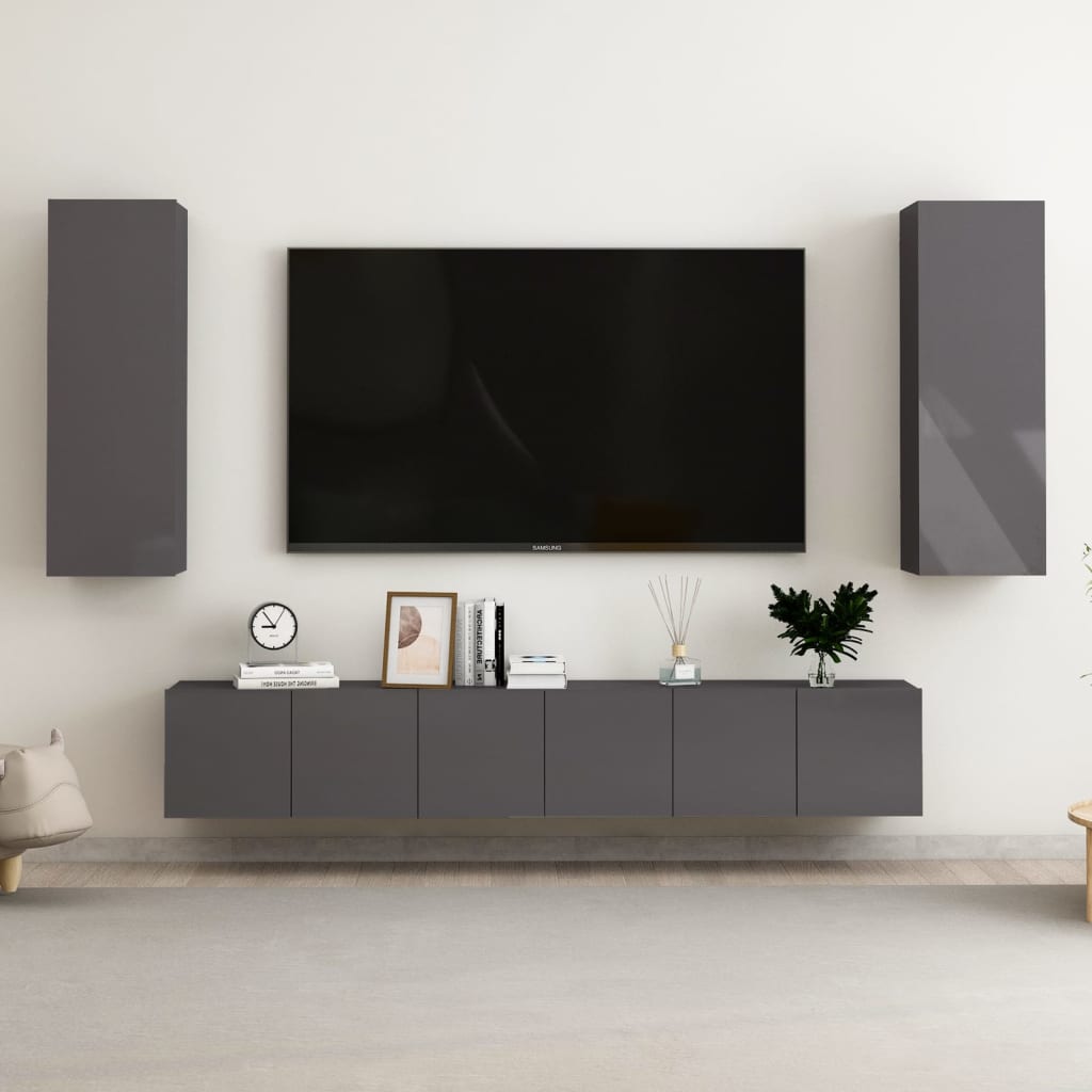 Set Mobili TV 5 pz Grigio Lucido in Legno Multistrato