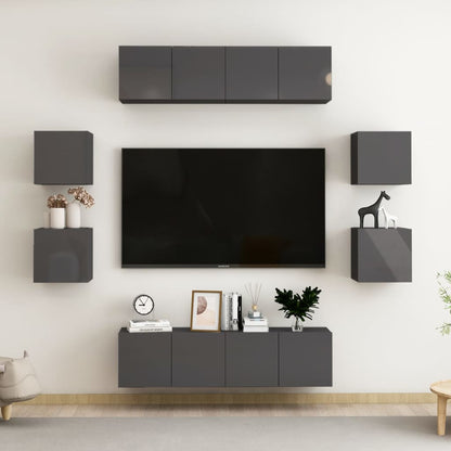 Set Mobili TV 8 pz Grigio Lucido in Legno Multistrato
